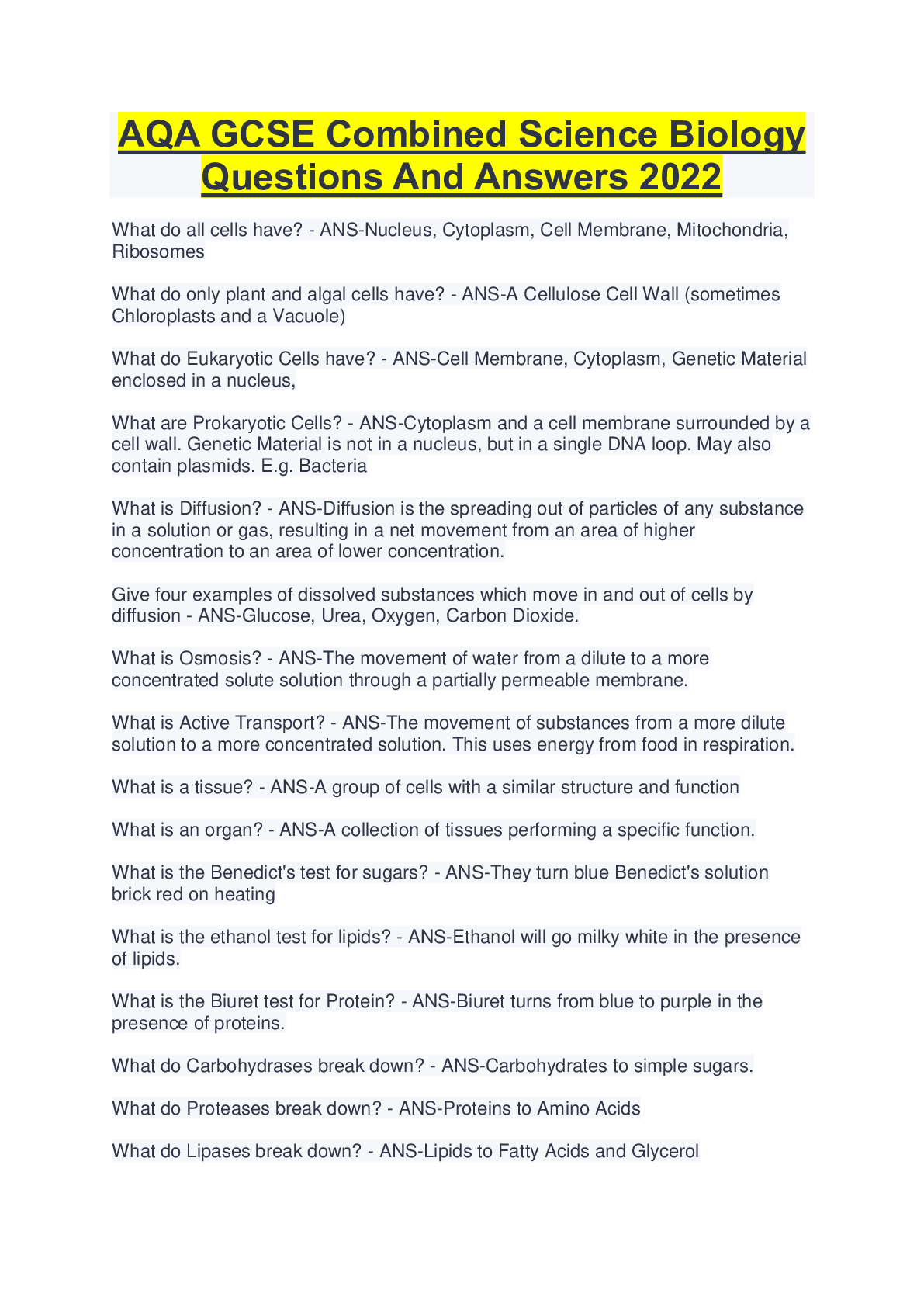 AQA GCSE Combined Science Biology Questions And Answers 2022 Browsegrades